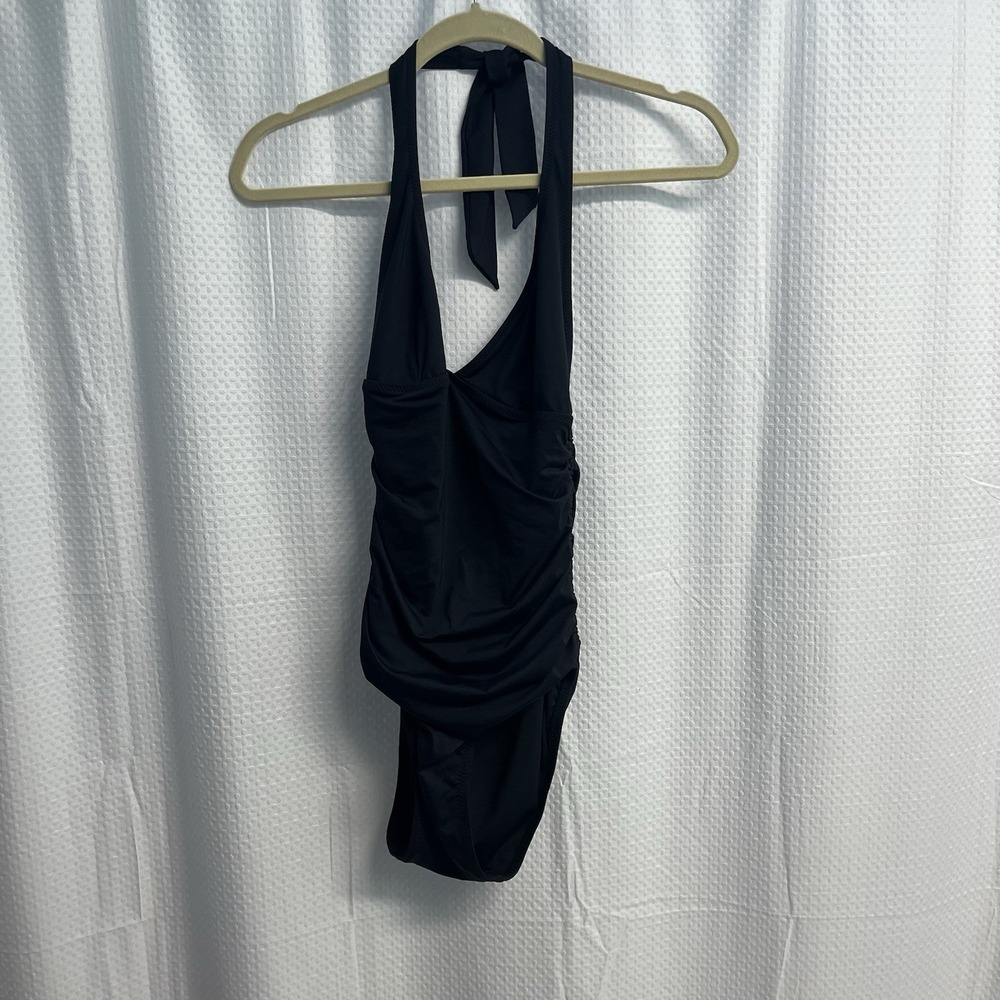 DKNY Women's‎ Black Ruched High Cut Leg One Piece Halter Swimsuit 6